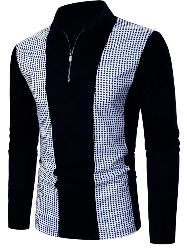 Polka Dot Print Men's Color Block Casual Long Sleeve Lapel Shirt, Spring Fall – Image 5